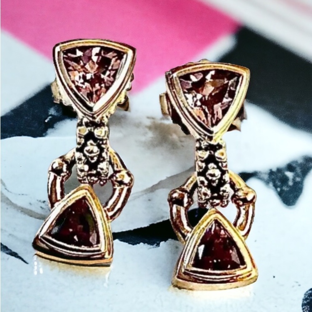 Sterling Silver & Amethyst Vintage Earrings Post Drop Dangle Triangle Shape
